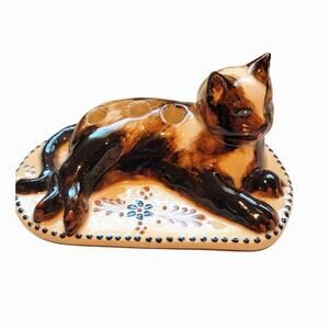Cat Figurine Pencil Pen Holder Glazed Office Decor Ceramic Floral